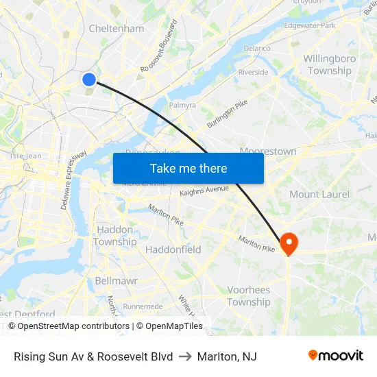 Rising Sun Av & Roosevelt Blvd to Marlton, NJ map