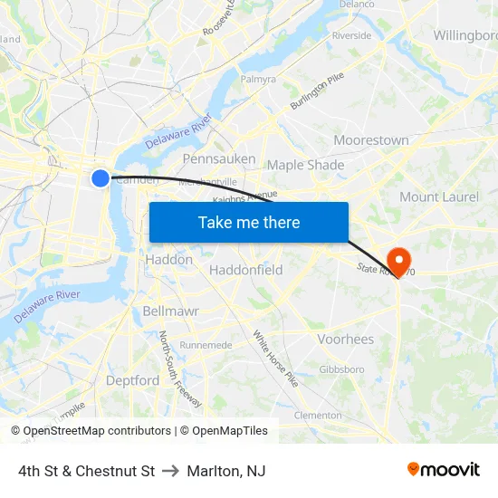 4th St & Chestnut St to Marlton, NJ map
