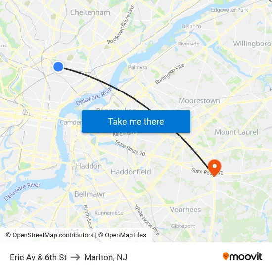 Erie Av & 6th St to Marlton, NJ map