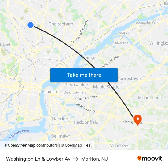 Washington Ln & Lowber Av to Marlton, NJ map