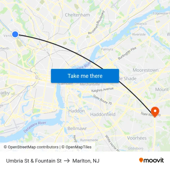 Umbria St & Fountain St to Marlton, NJ map