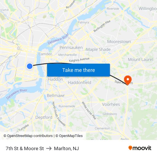 7th St & Moore St to Marlton, NJ map
