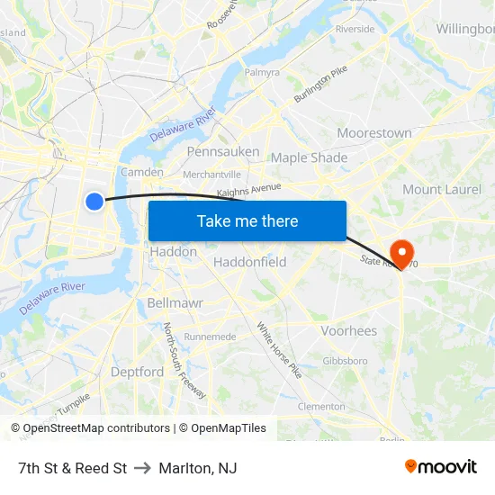 7th St & Reed St to Marlton, NJ map