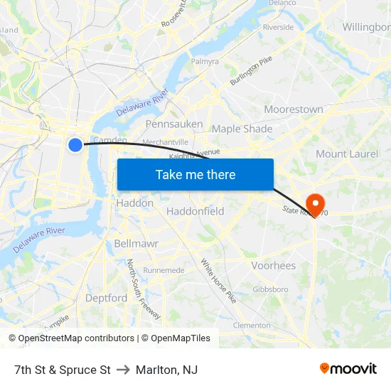 7th St & Spruce St to Marlton, NJ map