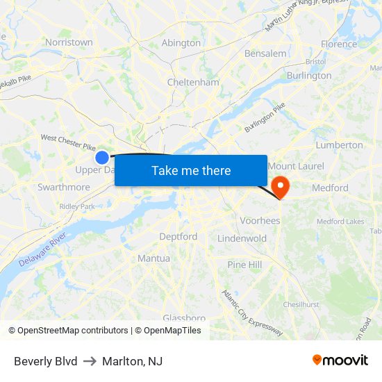 Beverly Blvd to Marlton, NJ map
