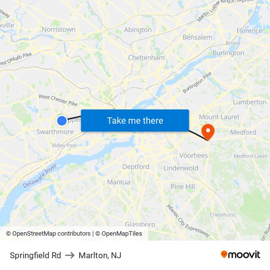 Springfield Rd to Marlton, NJ map