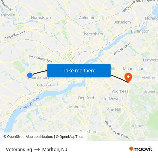Veterans Sq to Marlton, NJ map