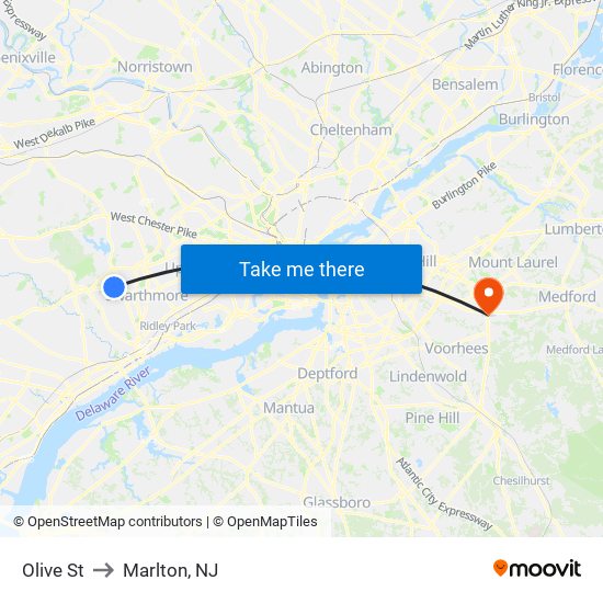 Olive St to Marlton, NJ map