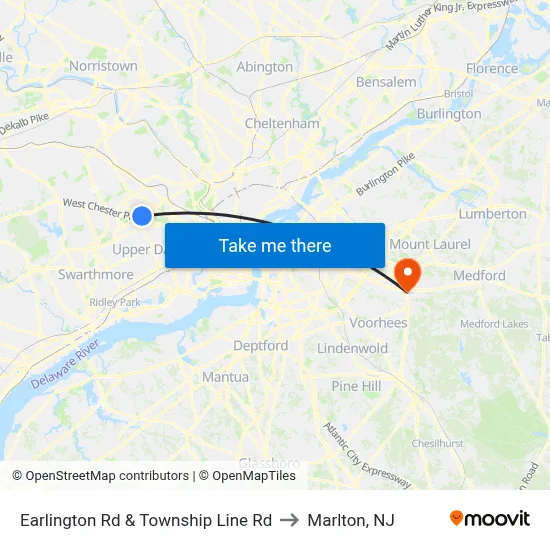 Earlington Rd & Township Line Rd to Marlton, NJ map