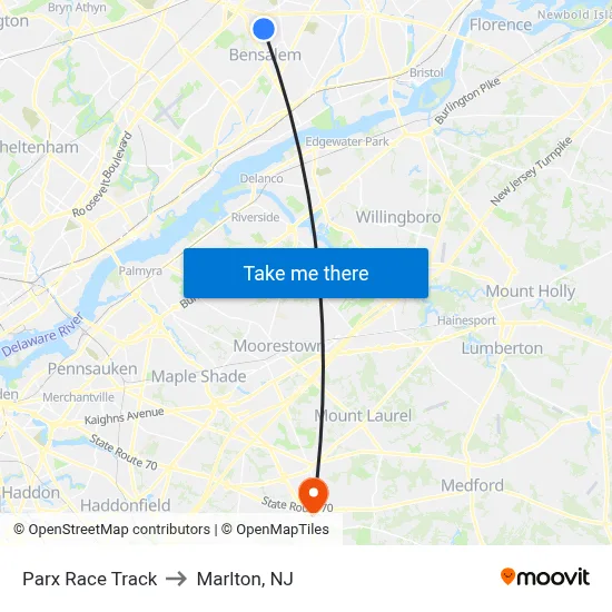 Parx Race Track to Marlton, NJ map