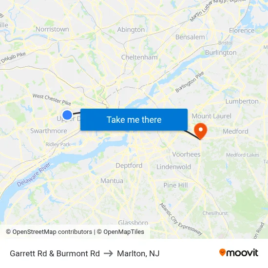 Garrett Rd & Burmont Rd to Marlton, NJ map