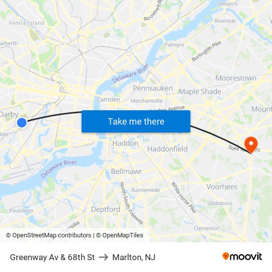Greenway Av & 68th St to Marlton, NJ map