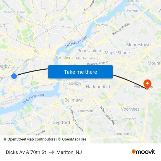 Dicks Av & 70th St to Marlton, NJ map