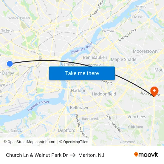 Church Ln & Walnut Park Dr to Marlton, NJ map