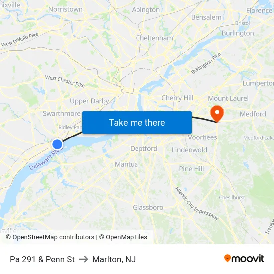 Pa 291 & Penn St to Marlton, NJ map