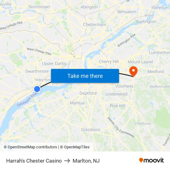 Harrah's Chester Casino to Marlton, NJ map