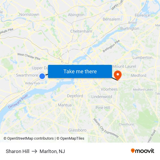 Sharon Hill to Marlton, NJ map