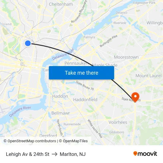 Lehigh Av & 24th St to Marlton, NJ map