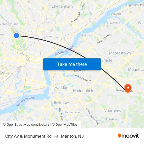 City Av & Monument Rd to Marlton, NJ map
