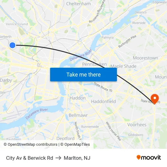 City Av & Berwick Rd to Marlton, NJ map