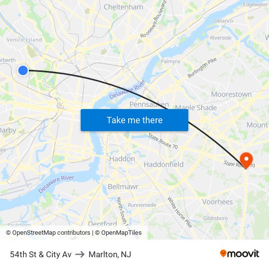 54th St & City Av to Marlton, NJ map