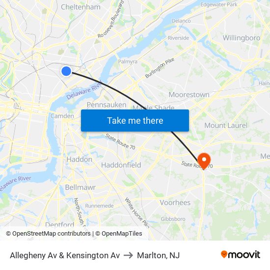 Allegheny Av & Kensington Av to Marlton, NJ map