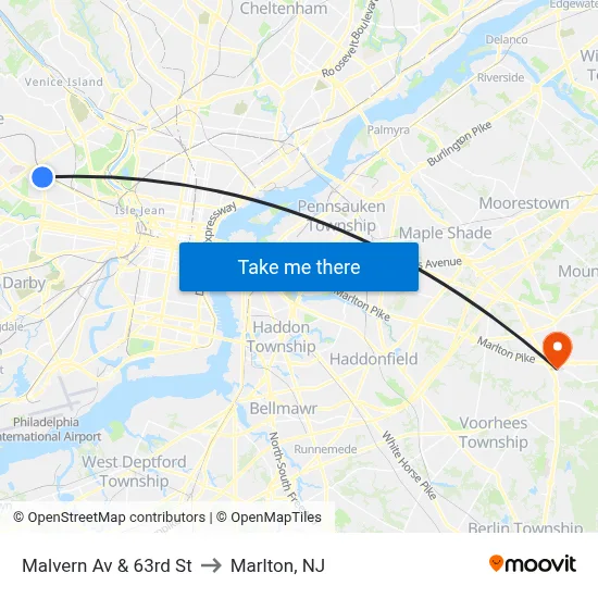 Malvern Av & 63rd St to Marlton, NJ map