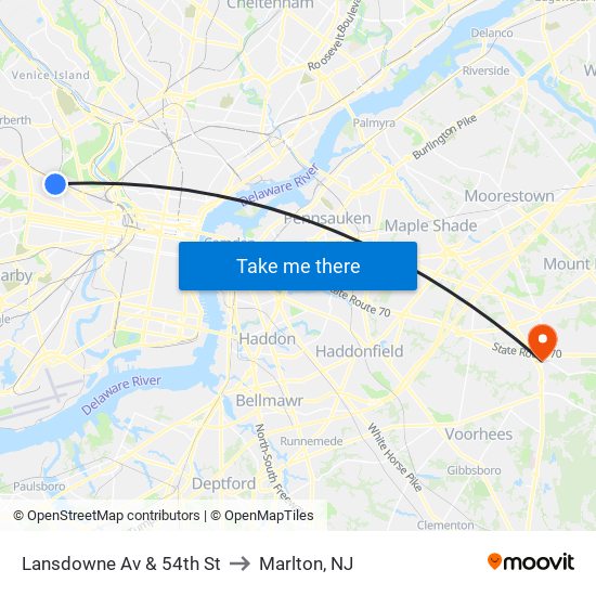Lansdowne Av & 54th St to Marlton, NJ map