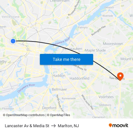 Lancaster Av & Media St to Marlton, NJ map