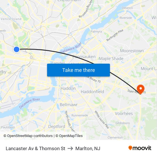 Lancaster Av & Thomson St to Marlton, NJ map