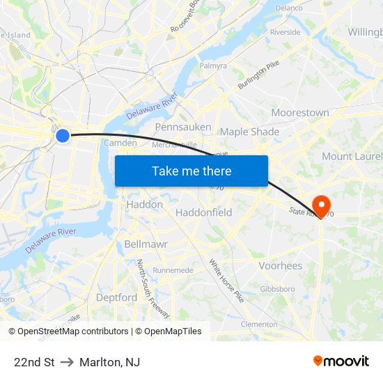 22nd St to Marlton, NJ map