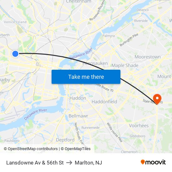 Lansdowne Av & 56th St to Marlton, NJ map