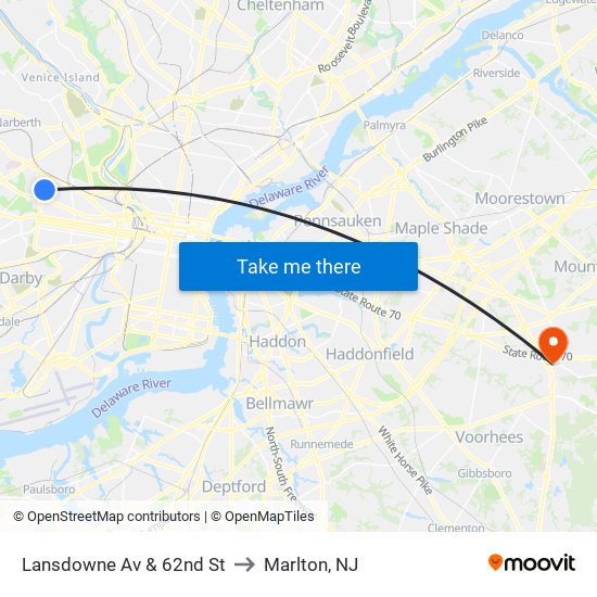 Lansdowne Av & 62nd St to Marlton, NJ map