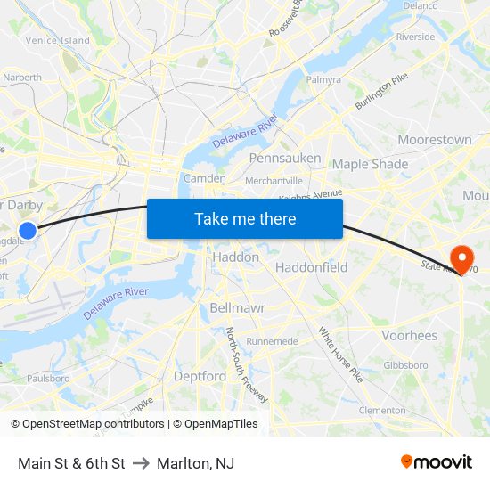Main St & 6th St to Marlton, NJ map