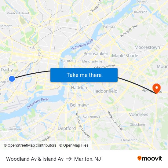 Woodland Av & Island Av to Marlton, NJ map
