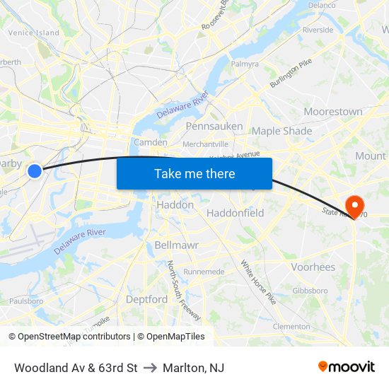 Woodland Av & 63rd St to Marlton, NJ map