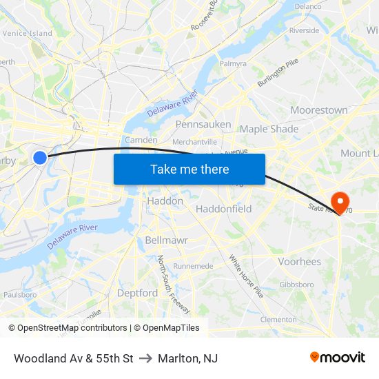 Woodland Av & 55th St to Marlton, NJ map
