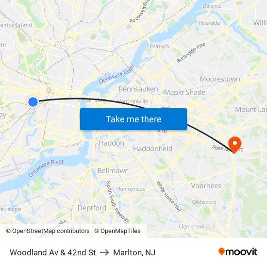 Woodland Av & 42nd St to Marlton, NJ map