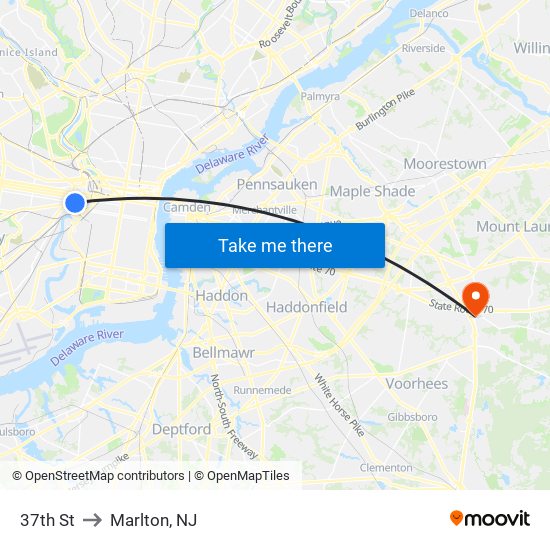 37th St to Marlton, NJ map