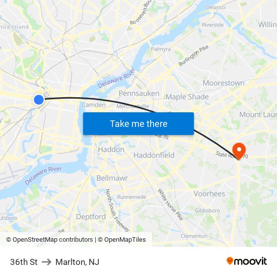 36th St to Marlton, NJ map