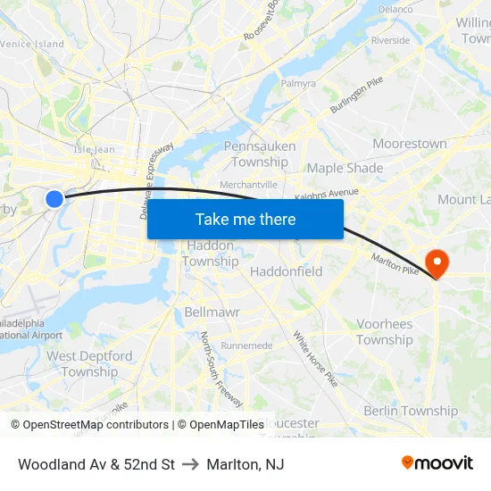 Woodland Av & 52nd St to Marlton, NJ map