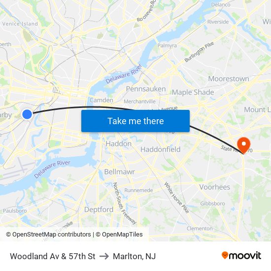 Woodland Av & 57th St to Marlton, NJ map