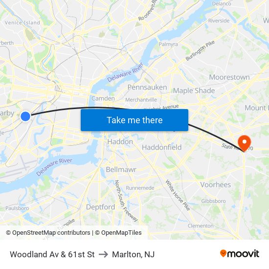 Woodland Av & 61st St to Marlton, NJ map