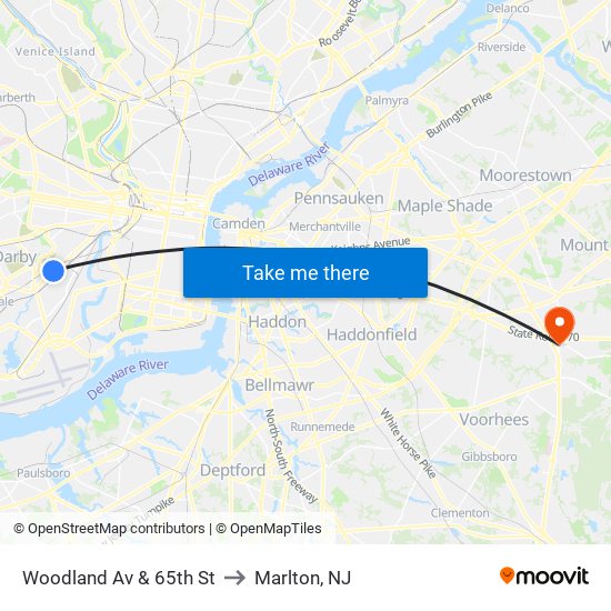 Woodland Av & 65th St to Marlton, NJ map