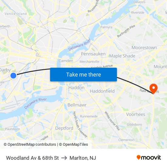 Woodland Av & 68th St to Marlton, NJ map
