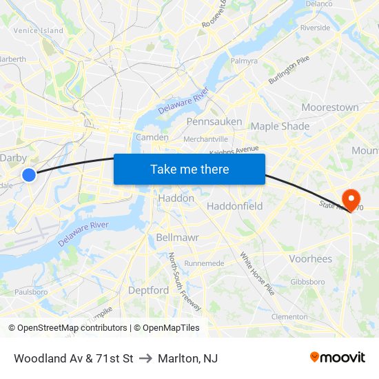 Woodland Av & 71st St to Marlton, NJ map