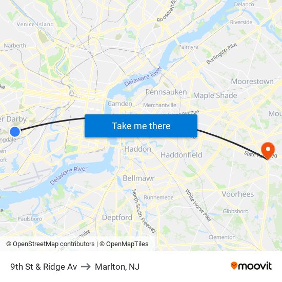 9th St & Ridge Av to Marlton, NJ map