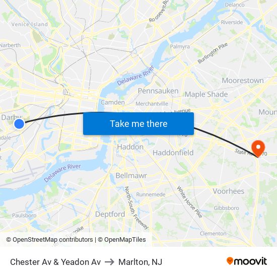 Chester Av & Yeadon Av to Marlton, NJ map