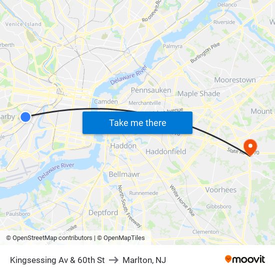 Kingsessing Av & 60th St to Marlton, NJ map