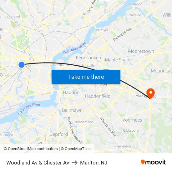 Woodland Av & Chester Av to Marlton, NJ map